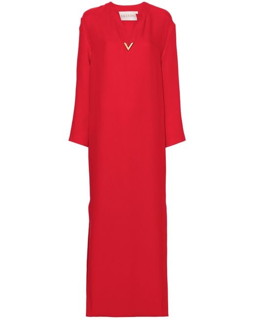 Valentino Garavani Red V-neck Logo-plaque Silk Gown