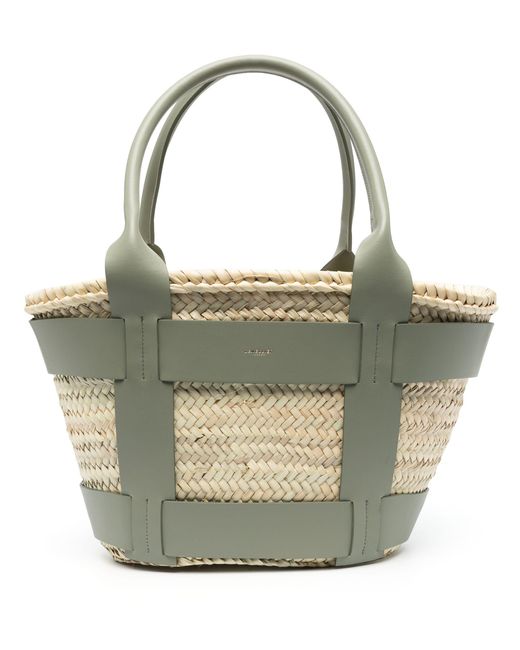 DeMellier Gray Khaki Green Leather And Raffia Santorini Handbag - Women's - Calf Leather/cotton/straw