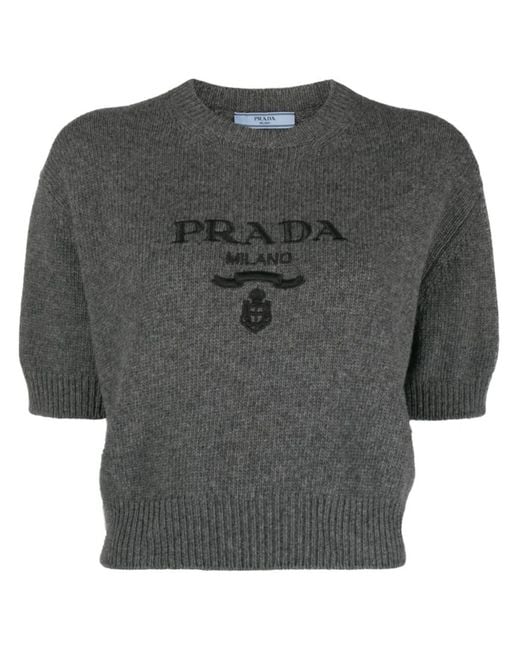 Prada Gray Logo-embroidered Knit Top