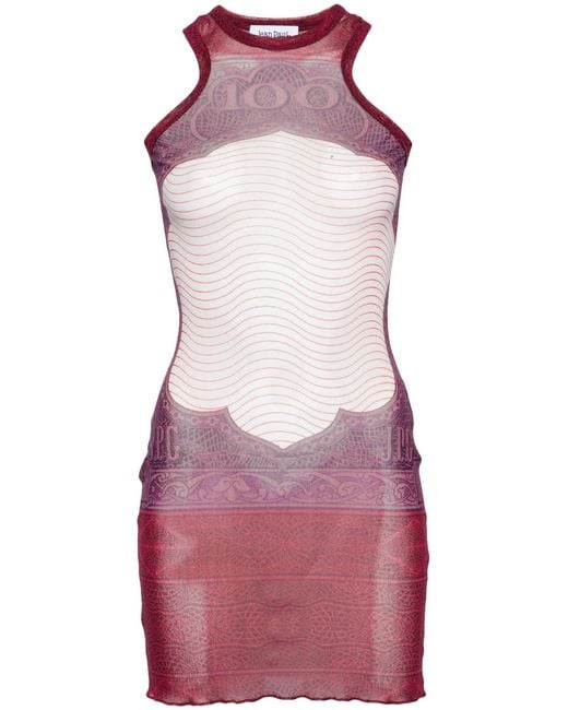 Jean Paul Gaultier Red Cartouche Abstract-pattern Sheer Mesh Mini Dress