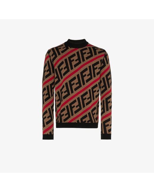 Fendi Red Ff Logo Diagonal-stripe Sweater for men