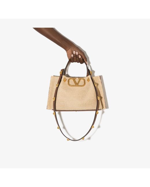 Valentino Garavani Leather Neutral Vlogo Small Straw Tote Bag in ...