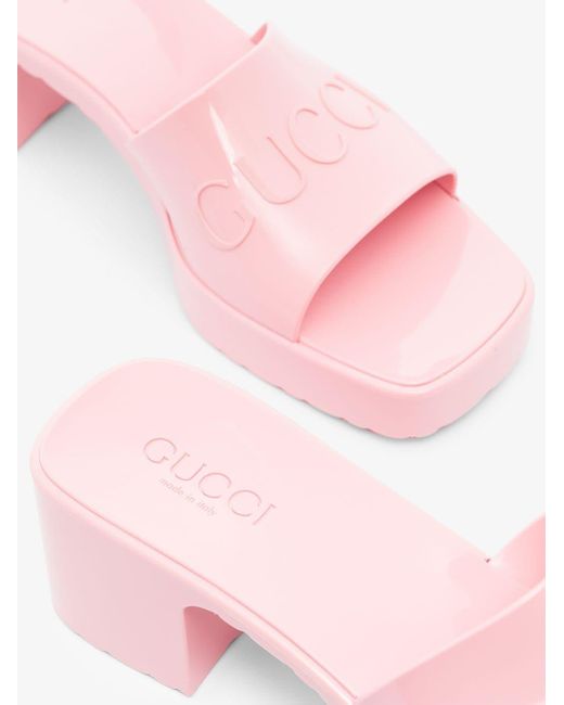 Gucci Pink Rubber Logo Mules - Lyst