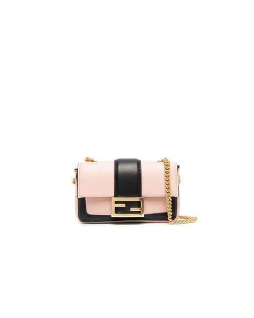 Fendi Pink And Black Baguette Chain Mini Leather Shoulder Bag
