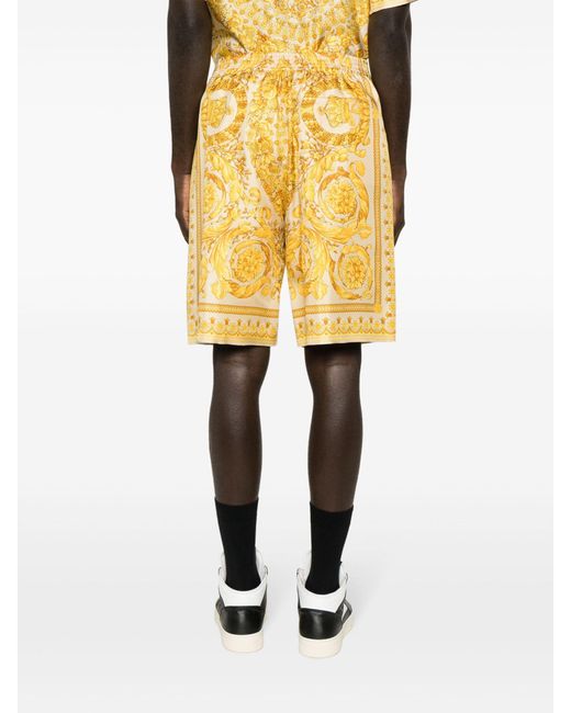 Versace Yellow Barocco Print Silk Shorts for men