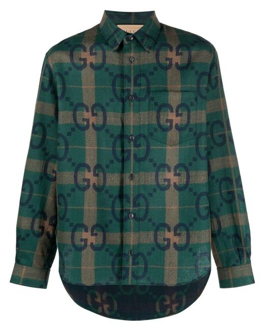 Gucci Green Checked Monogram-print Shirt for men
