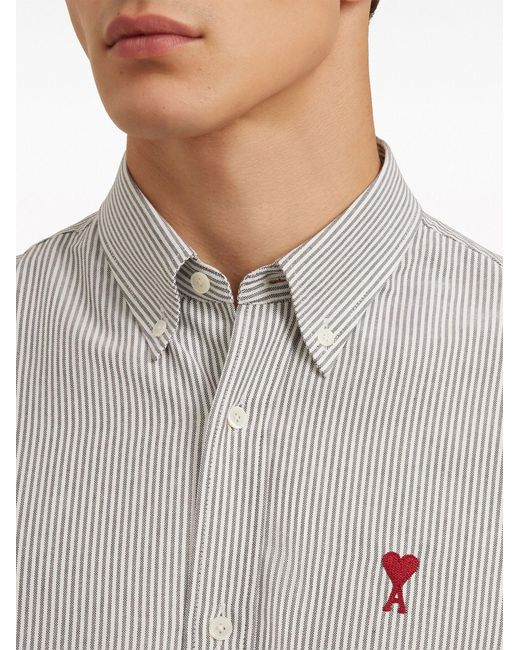 AMI Gray Logo-embroidered Striped Cotton Shirt