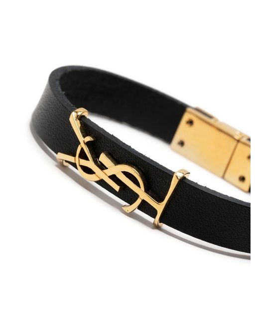 Saint Laurent Black Ysl-Charm Leather Bracelet
