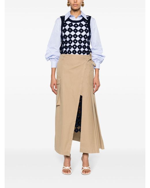 Dries Van Noten Natural Long Kilt-inspired Cotton Skirt With Pleats And Patch Pocket.