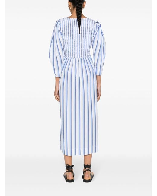 Ganni Blue Striped Poplin Midi Dress