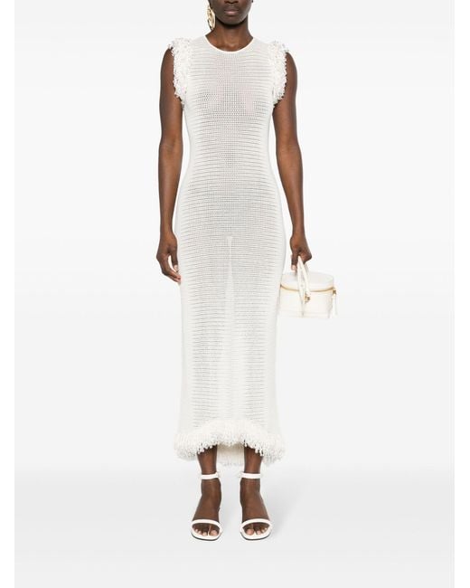 Paris Georgia White Fringed Open-knit Maxi Dress
