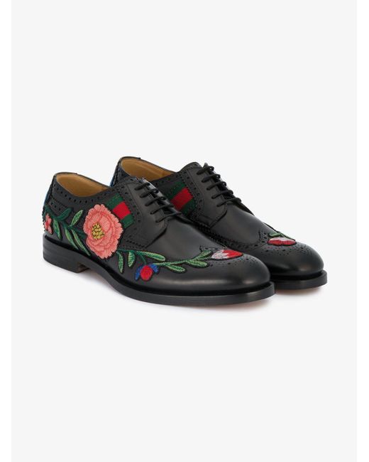 Gucci Black Floral Embroidered Brogues for men
