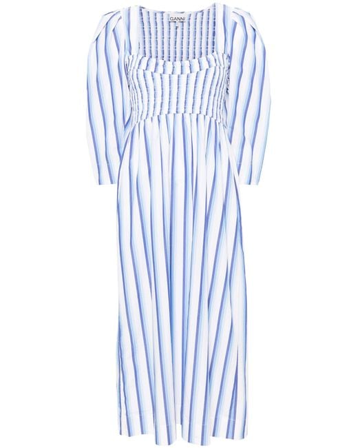 Ganni Blue Striped Poplin Midi Dress