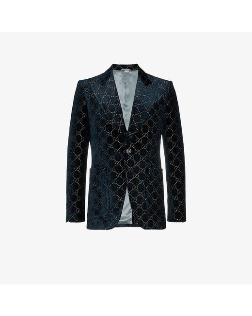 Gucci Blue Logo Jacquard Cotton Blend Velvet Blazer for men