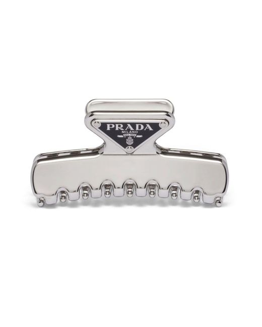 Prada White Brand-plaque Silver-tone Brass Hair Clip