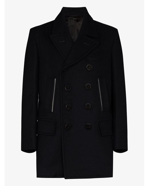 Tom Ford Cotton Leather Trim Peacoat In Blue For Men Lyst Tom Ford Cotton Leather Trim Peacoat In, Cotton Peacoat By Tom Ford