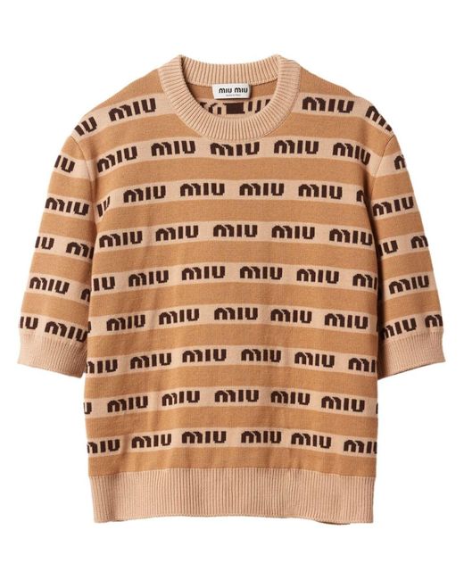 Miu Miu Natural Beige Intarsia Knit Logo Short Sleeve Top