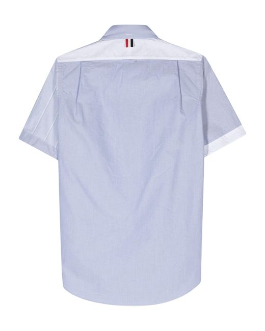 Thom Browne Blue And Half-striped Short-sleeved Cotton Shirt for men