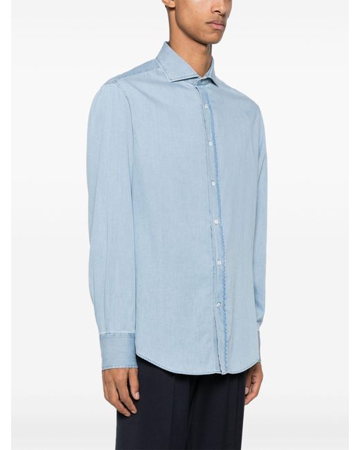 Brunello Cucinelli Blue Spread-collar Cotton Shirt for men
