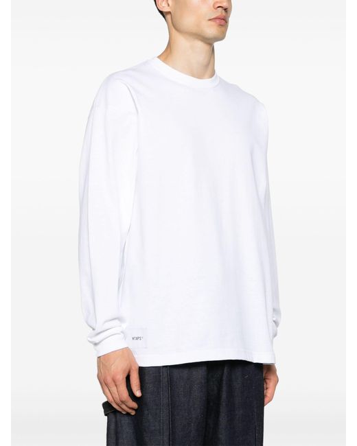 (w)taps White Logo-embroidered Long-sleeved Cotton T-shirt for men