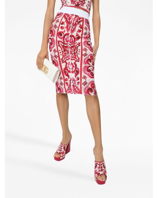 Dolce & Gabbana Red Majolica-Print Marquisette Pencil Skirt