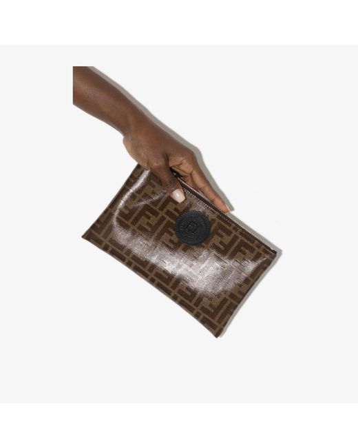 Fendi Brown Ff Logo Leather Clutch Bag