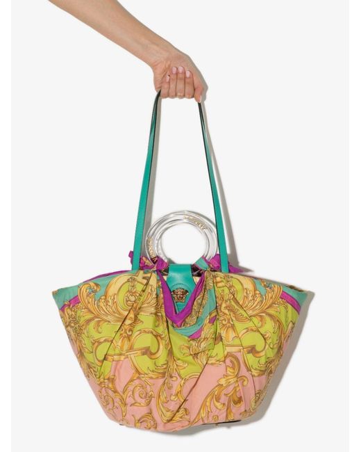 Versace Multicolor Gold La Medusa Silk Scarf Raffia Tote Bag