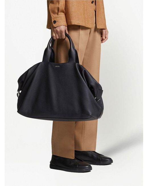 Zegna Black Raglan Holdall Leather Duffle Bag for men
