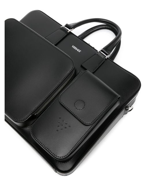 Versace Black Logo-debossed Leather Briefcase for men