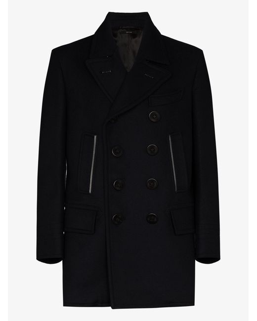 Tom Ford Cotton Leather Trim Peacoat In Blue For Men Lyst Tom Ford Cotton Leather Trim Peacoat In, Mens Pea Coat Leather Trims