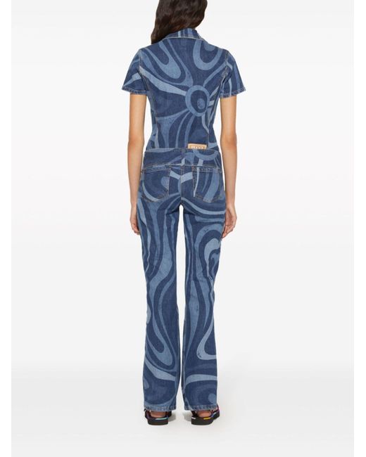 Emilio Pucci Blue Marmo-print Denim Jumpsuit - Women's - Cotton/elastane