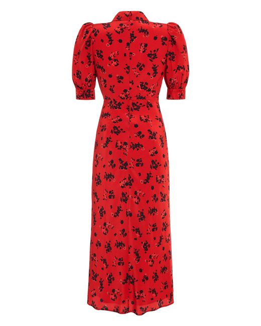 Alessandra Rich Red Rose Print Silk Long Dress