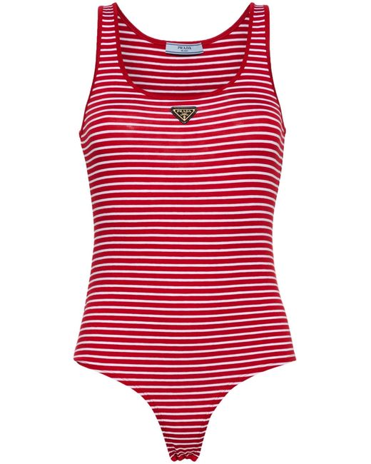 Prada Red Striped Logo-appliqué Bodysuit