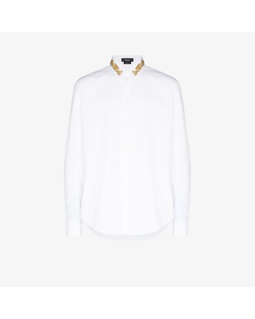 Versace White Embroidered Collar Long Sleeve Shirt for men