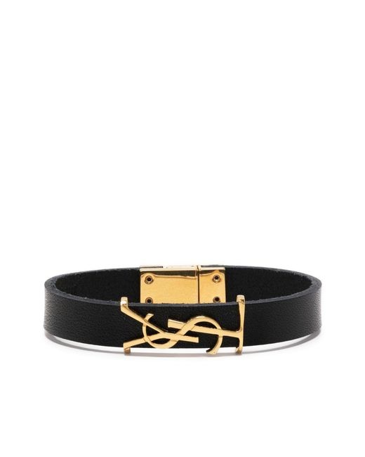 Saint Laurent Black Ysl-Charm Leather Bracelet