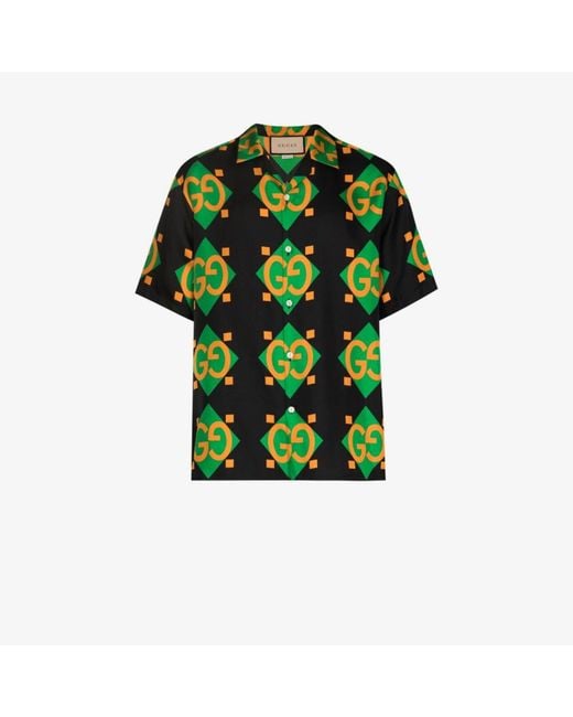 Gucci Black gg Geometric Print Silk Bowling Shirt for men
