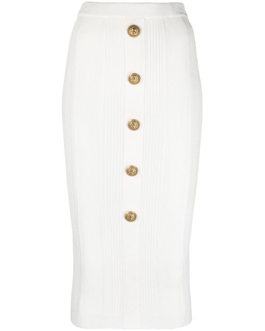 Balmain White Ribbed-knit Midi Skirt