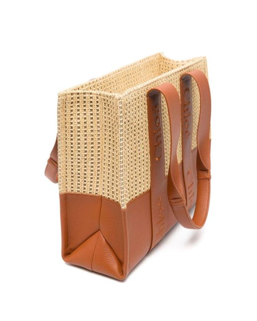 Chloé Brown Neutral Woody Medium Raffia Tote Bag - Women's - Viscose/polyester/linen/flax/calf Leather