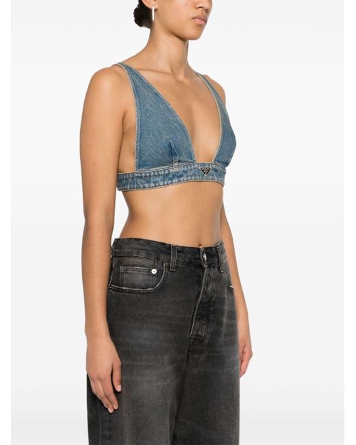 Prada Blue Triangle-Logo Denim Crop Top