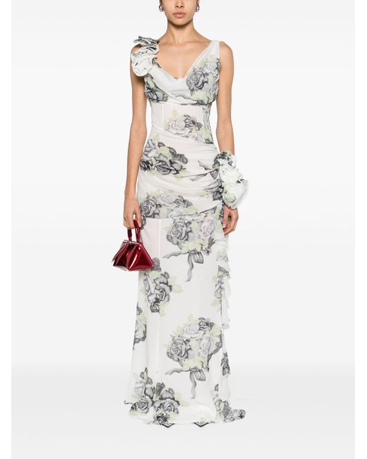Alessandra Rich White Rose-print Silk Maxi Dress - Women's - Silk