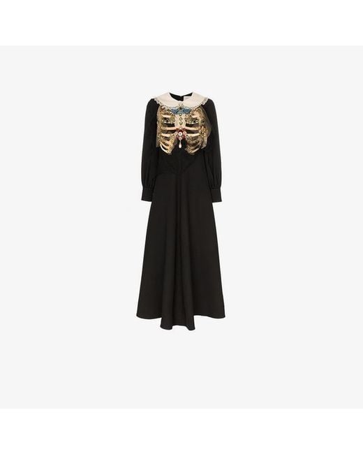 Gucci Black Embellished Ribcage Wool And Silk Dress