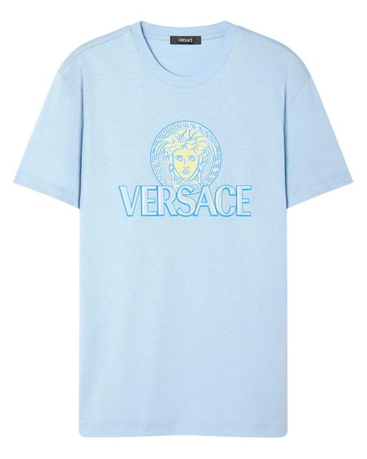 Versace Blue Cotton T-Shirt With Medusa Print for men