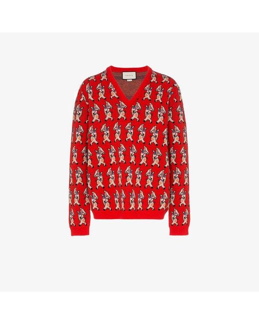 Gucci Red Dancing Pig-intarsia Wool Sweater for men