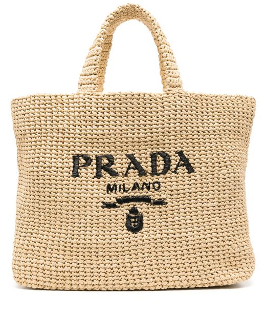 Prada Natural Logo-embroidered Crochet Tote Bag