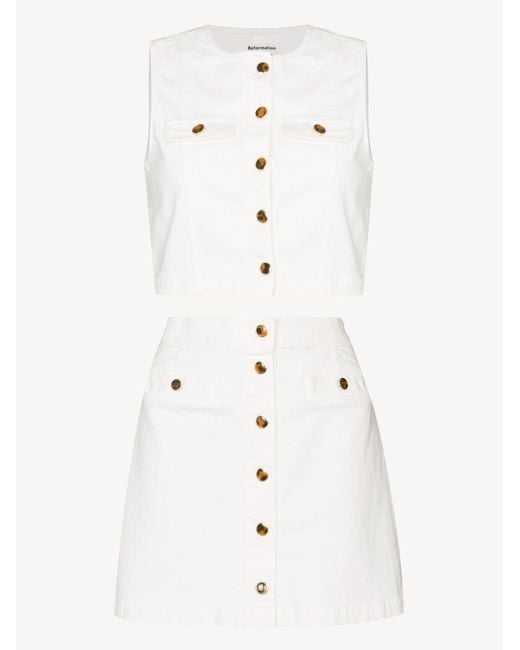 Reformation White Cher Denim Crop Top And Mini Skirt - Women's - Cotton/spandex/elastane