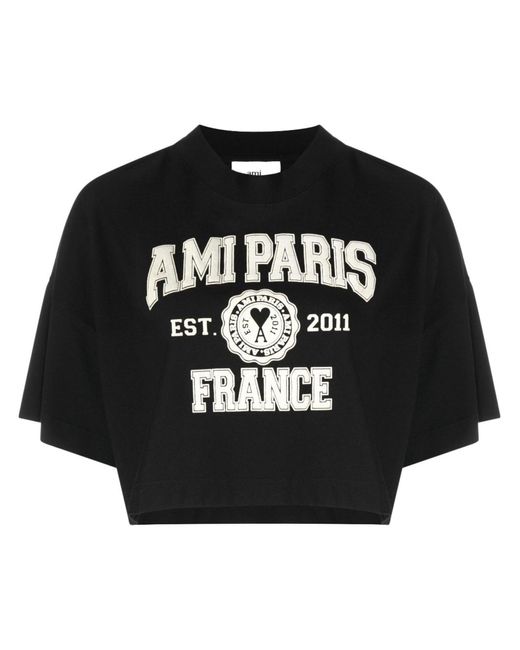 AMI Black Logo-print Cropped T-shirt