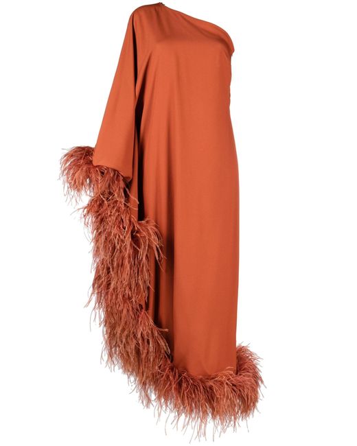 ‎Taller Marmo Orange Ubud One Shoulder Feather Trim Gown - Women's - Acetate/ostrich Feather/viscose