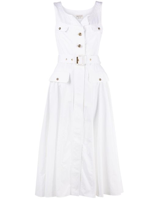 Alexander McQueen White Belted Cotton-poplin Midi Dress