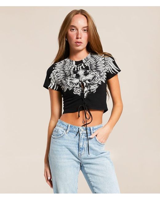 Affliction Blue Crossed Over Cropped T-Shirt