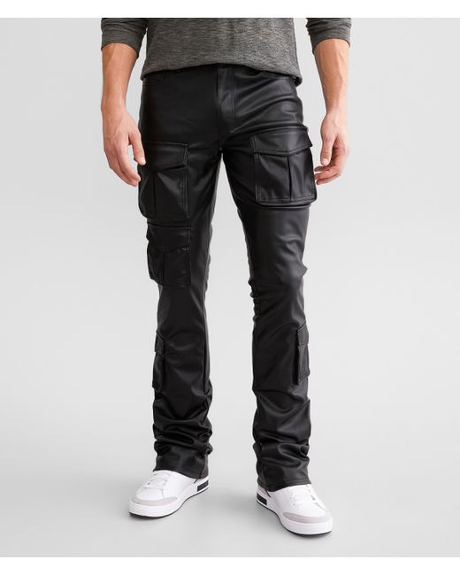 Smoke Rise Black Stacked Faux Leather Cargo Pant for men
